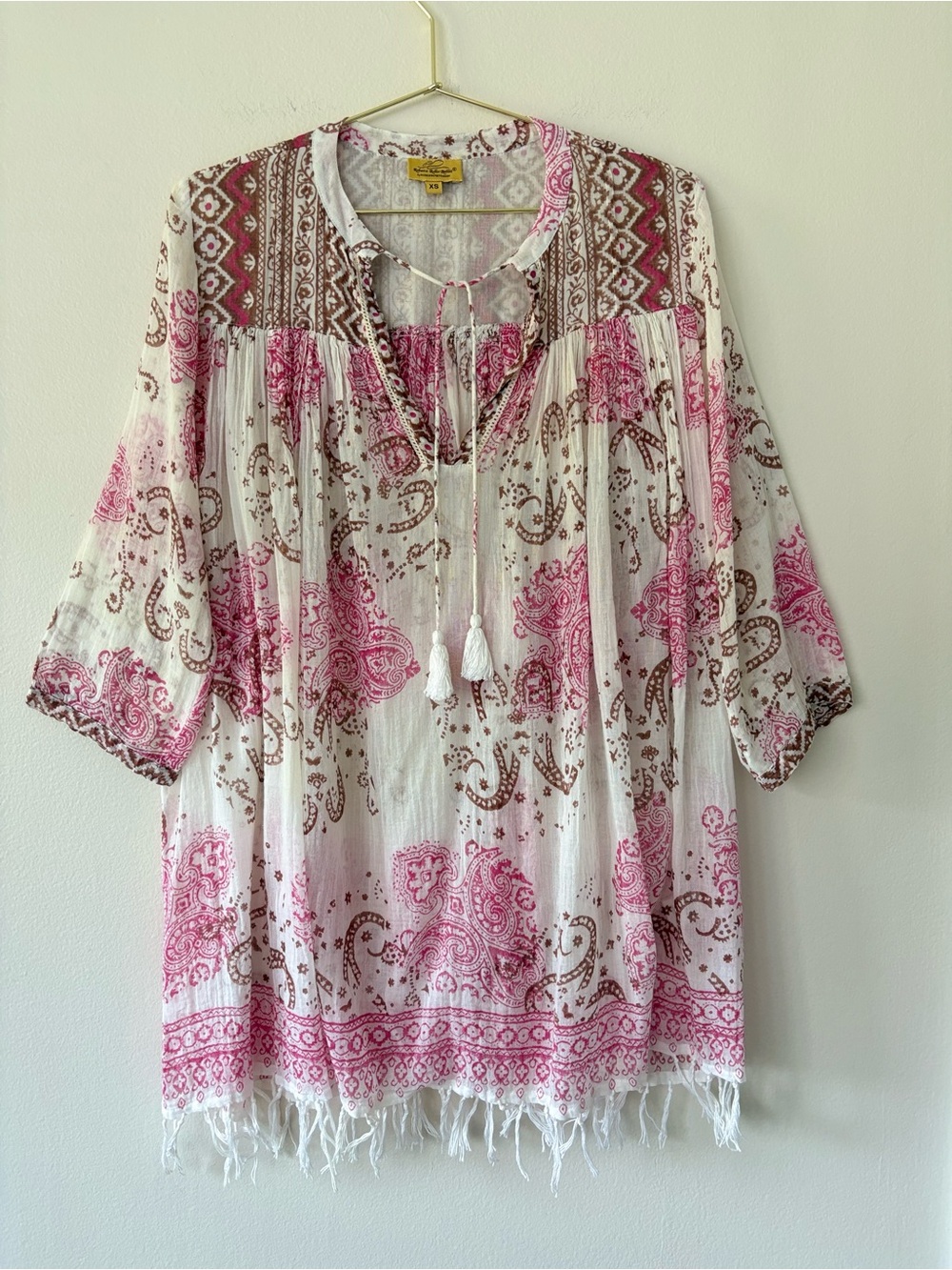 Roller Rabbit XS Pink Brown Paisley Sheer Boho Tunic Top Tassel Fringe